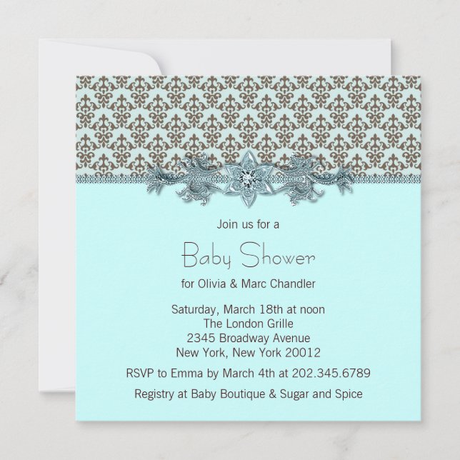 Invitation Fête de bébé en damassé bleu sarcelle marron (Devant)