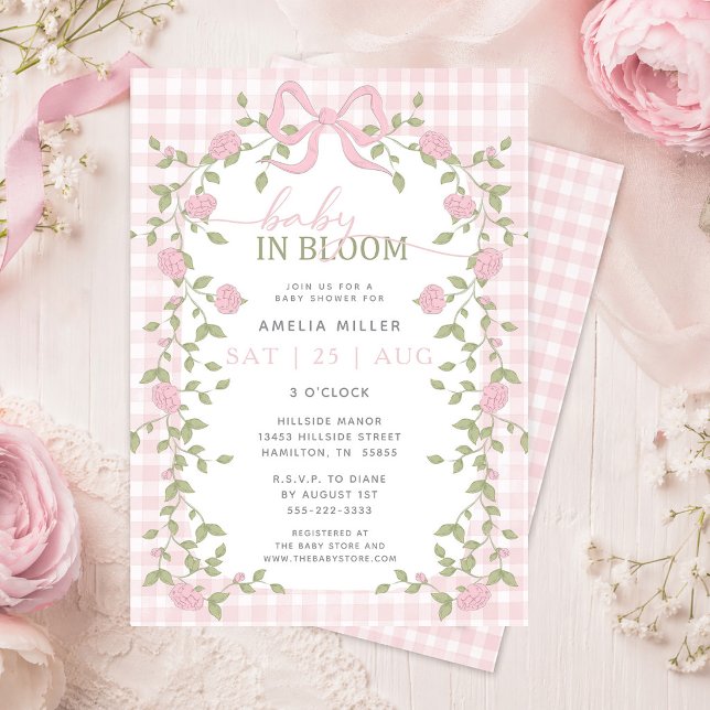 Invitation Fête de bébé en fleurs à carreaux roses (Baby in Bloom Floral Pink Gingham Baby Shower Invitation)