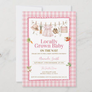 Invitation Fête de bébé en gingham rose 'Récolte locale'