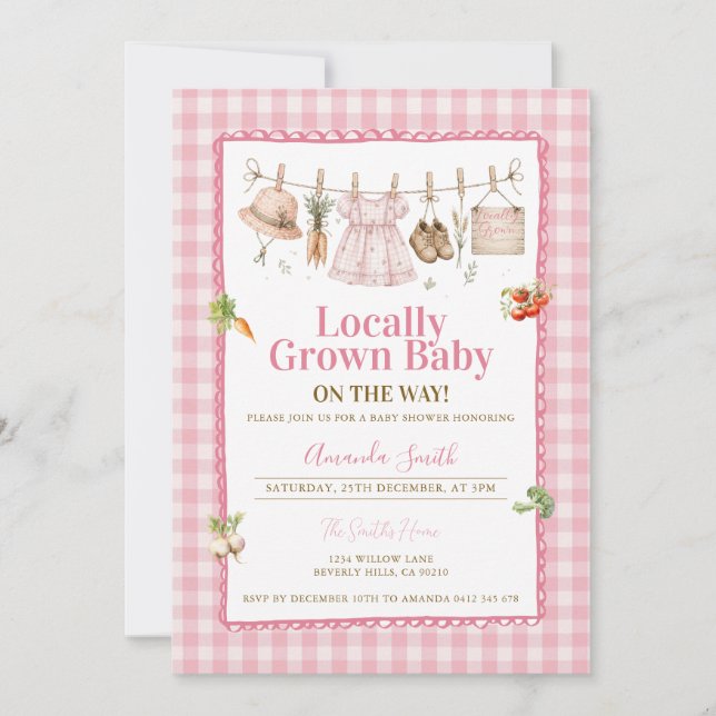 Invitation Fête de bébé en gingham rose 'Récolte locale'  (Devant)