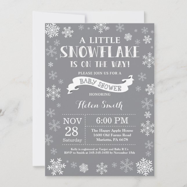 Invitation Fête de bébé en hiver Blanche et Grise Flocon de n (Devant)