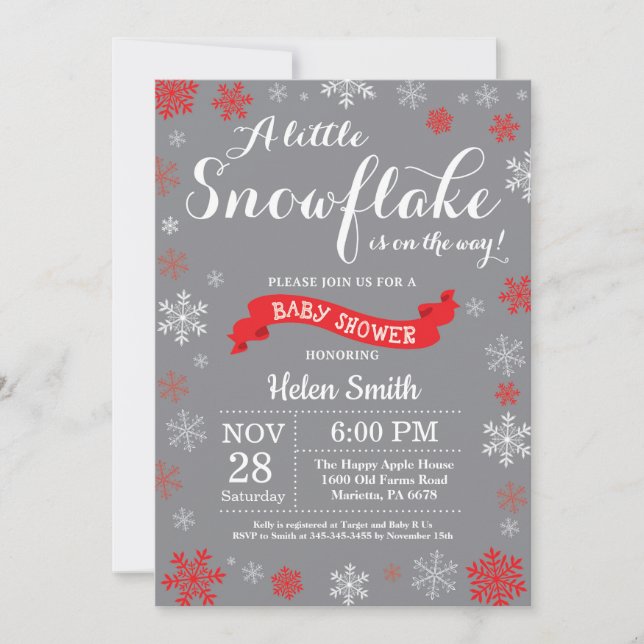 Invitation Fête de bébé en hiver Flocon de neige rouge blanc  (Devant)