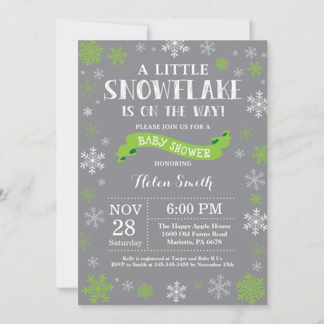 Invitation Fête de bébé en hiver Flocon de neige Rouge Vert e (Devant)