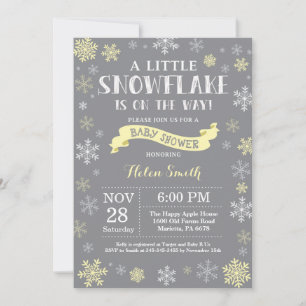 Invitation Fête de bébé en hiver Jaune Blanc et Flocon de nei