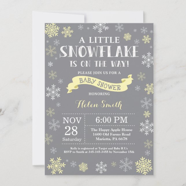 Invitation Fête de bébé en hiver Jaune Blanc et Flocon de nei (Devant)