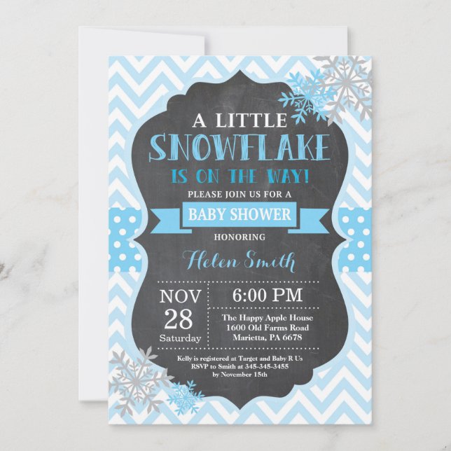 Invitation Fête de bébé en hiver - Tableau noir flocon de nei (Devant)