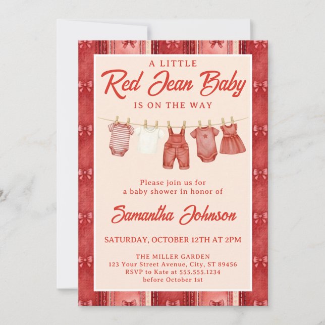 Invitation Fête de Bébé en Jean Rouge Denim (Devant)