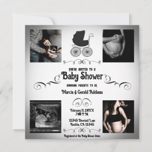 Invitation Fête de bébé en noir et blanc gothique vintage
