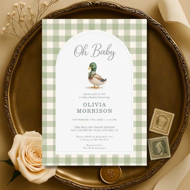 Invitation Fête de bébé en vichy vert sauge avec canard colve (Créateur téléchargé)