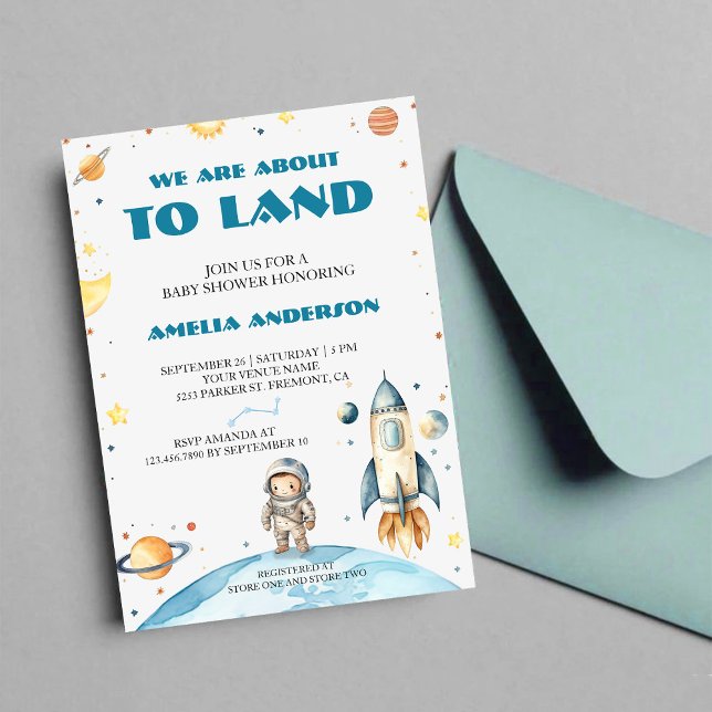 Invitation Fête de Bébé Espace Extérieur Aquarelle Bleu Marin (Créateur téléchargé)