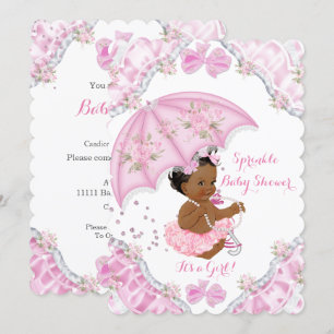 Invitation Fête de Bébé Ethnique Fille Parapluie Rose Fleurs