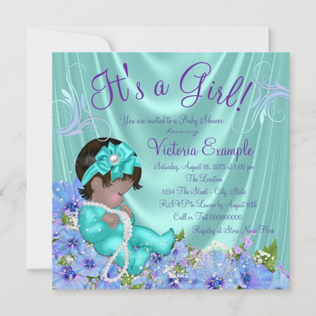 Invitation Fête de bébé ethnique fleurs violet et sarcelle Ba (Devant)