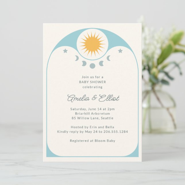 Invitation Fête de bébé étoile lune céleste moderne Bleu doux (Debout devant)