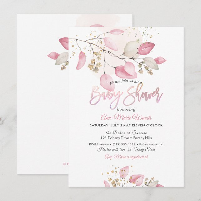 Invitation Fête de bébé Eucalyptus Gomme Rose par PixDezines (Devant / Derrière)