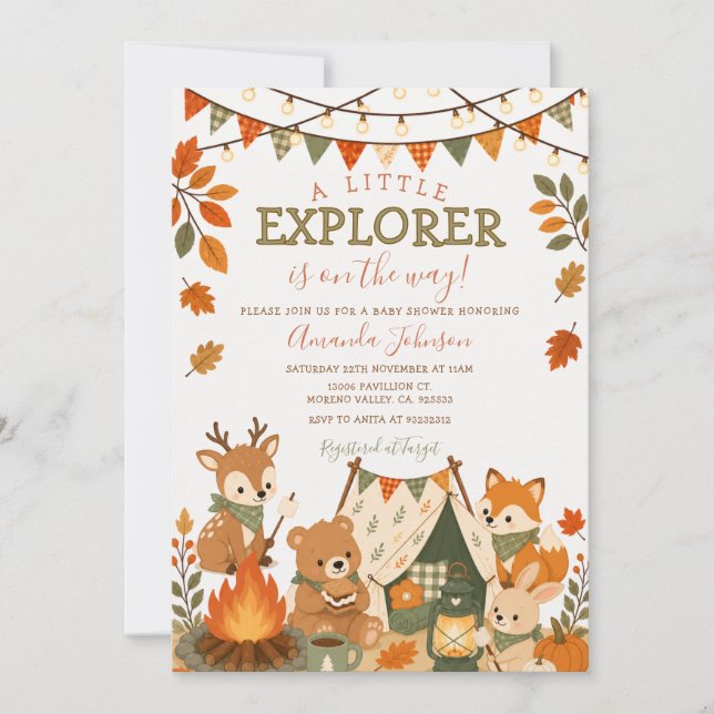 Invitation Fête de Bébé Explorateur Petits Animaux de la Forê (Devant)