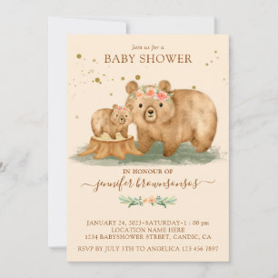 Invitation Fête de Bébé Famille Ours Crème Rose