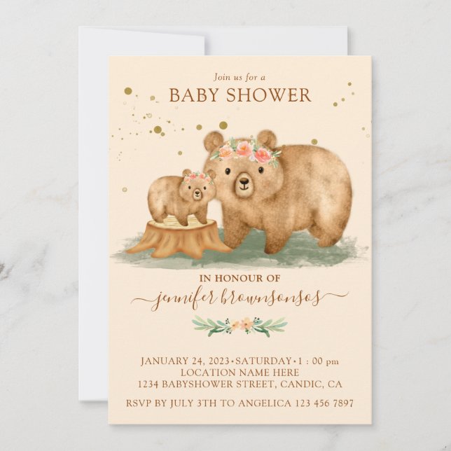 Invitation Fête de Bébé Famille Ours Crème Rose (Devant)