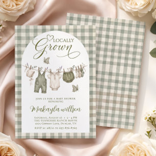 Invitation Fête de Bébé Ferme à Carreaux Vert Sauge Cultivé L