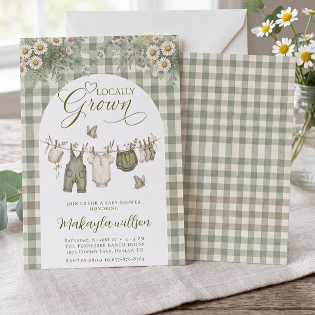 Invitation Fête de Bébé Ferme en Vichy Vert Sauge Cultivé Loc (Créateur téléchargé)