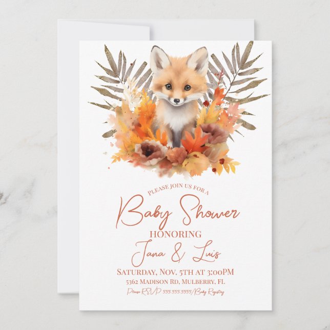Invitation Fête de Bébé Feuillage Aquarelle Renard de Bois (Devant)