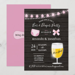 Invitation Fête de bébé fille à bière et couche dans un jardi