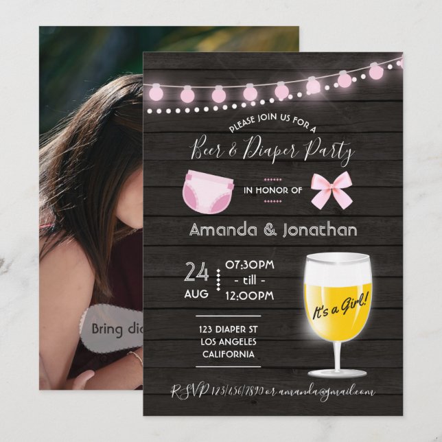 Invitation Fête de bébé fille à bière et couche dans un jardi (Devant / Derrière)