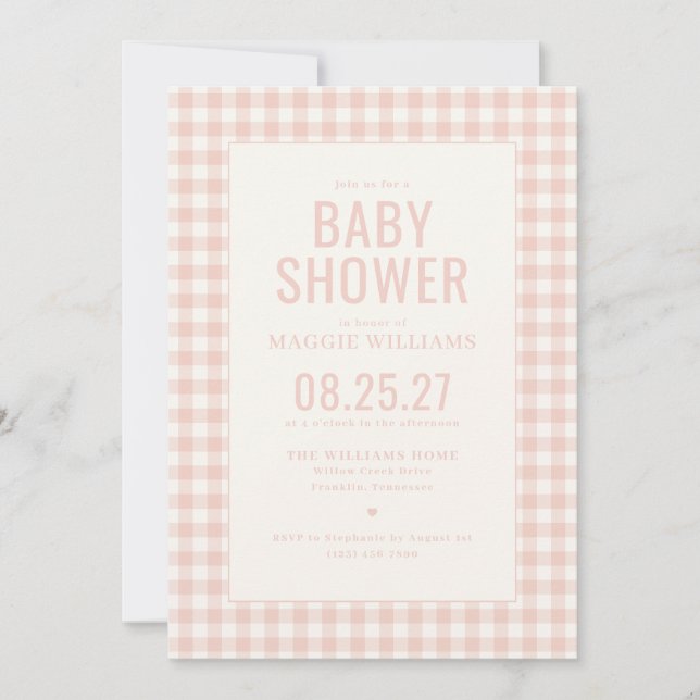 Invitation Fête de bébé fille à carreaux roses (Devant)