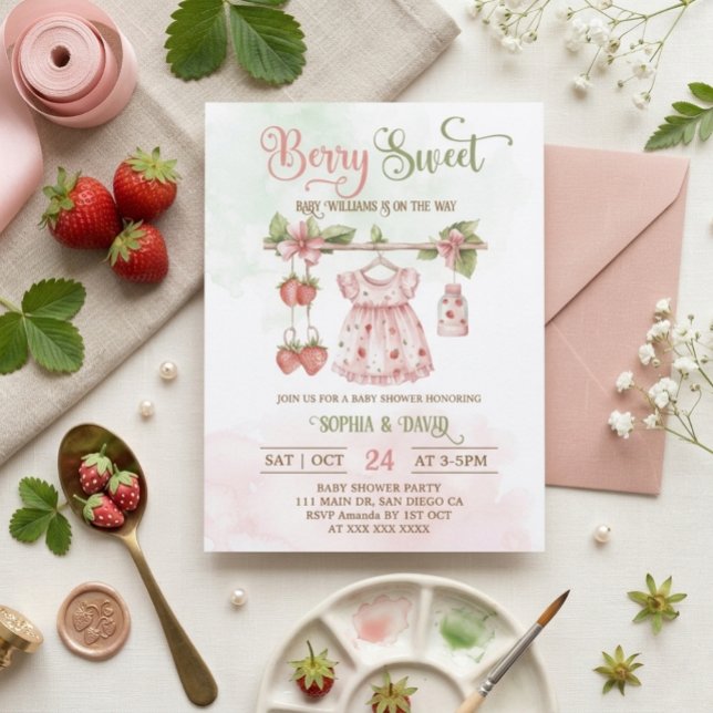 Invitation Fête de bébé fille à la ligne de fraises (Créateur téléchargé)