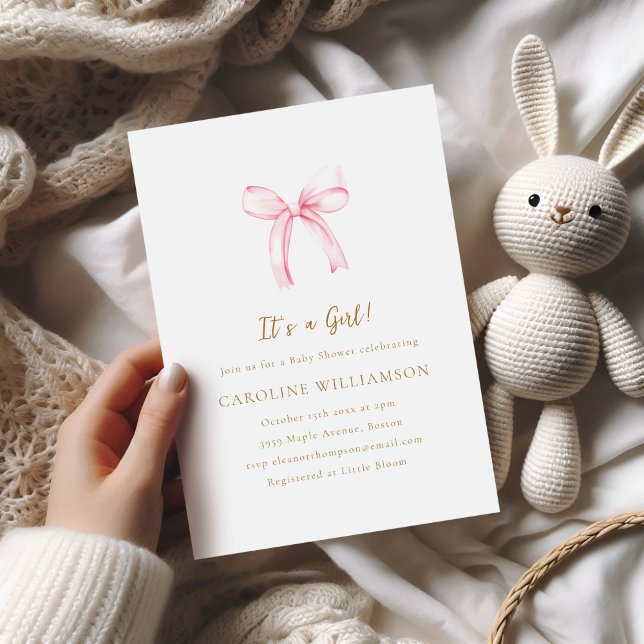 Invitation Fête de Bébé Fille à l'aquarelle Rose Ruban Mignon (Créateur téléchargé)