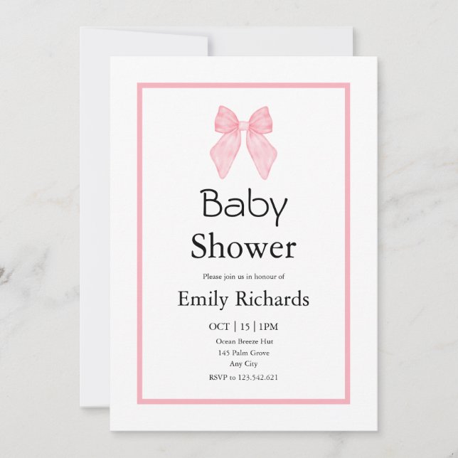 Invitation Fête de bébé fille à l'arc rose  (Devant)