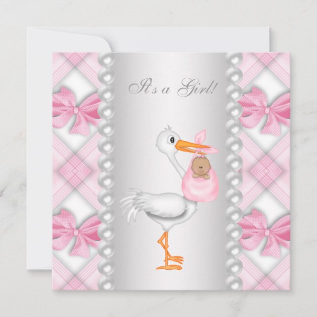 Invitation Fête de bébé fille afro-américaine Pink Stork (Devant)