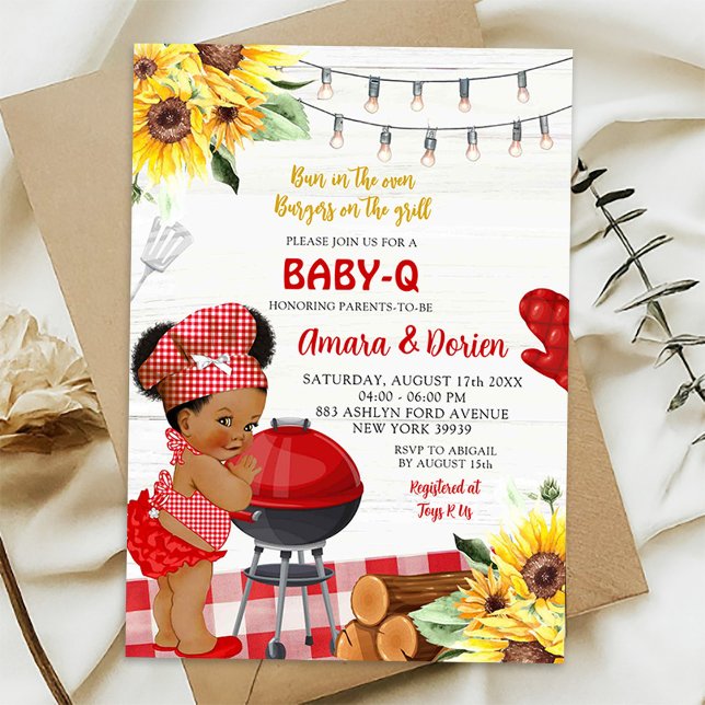 Invitation Fête de bébé fille afro en vichy rouge dans la cou (Créateur téléchargé)