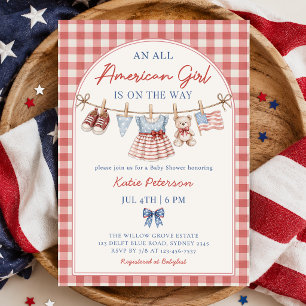 Invitation Fête de bébé fille américaine Rouge Blanc & Due