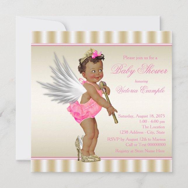 Invitation Fête de bébé fille ange talons hauts or rose Ethni (Devant)
