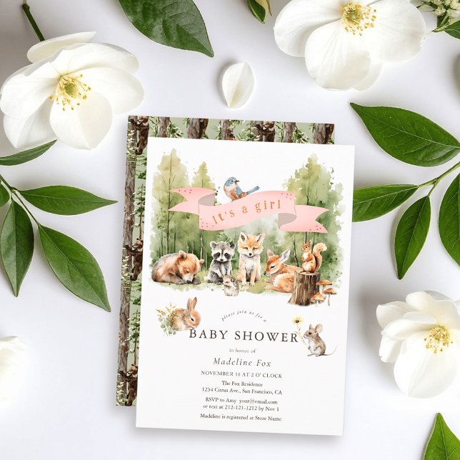 Invitation Fête de Bébé Fille Animaux de la Forêt (Créateur téléchargé)