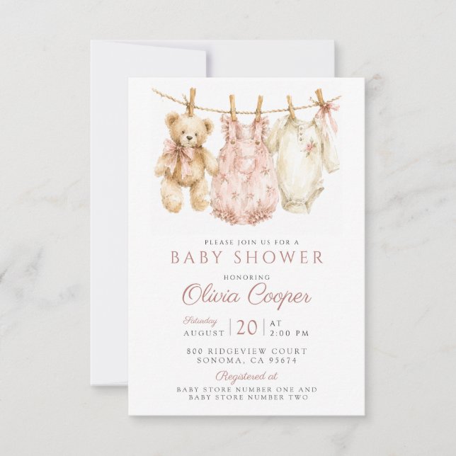 Invitation Fête de Bébé Fille Aquarelle Rose (Devant)