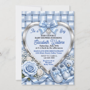 Invitation Fête de Bébé Fille Arc-en-ciel Élégant Ruban Bleu