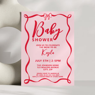Invitation Fête de Bébé Fille Arc-en-Ciel Rouge Coquette