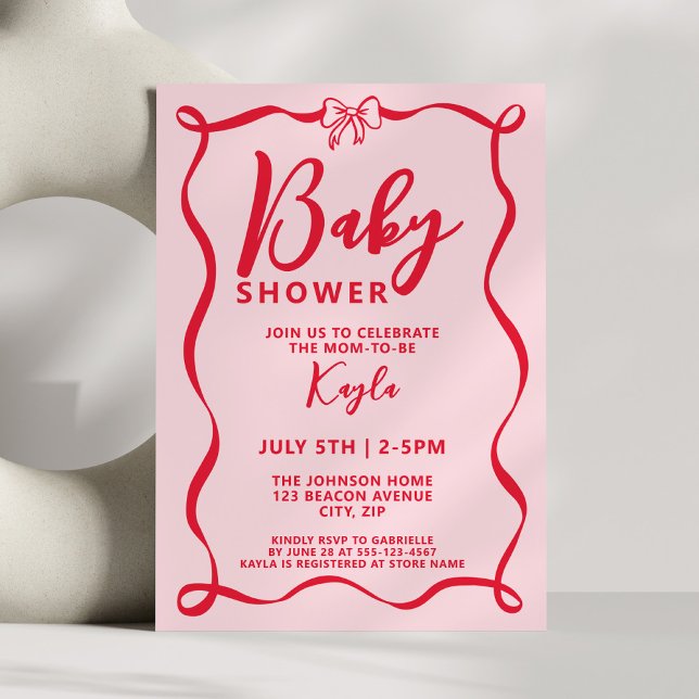 Invitation Fête de Bébé Fille Arc-en-Ciel Rouge Coquette (Créateur téléchargé)