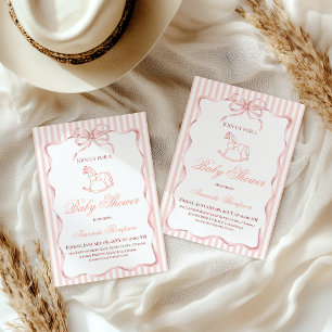 Invitation Fête de bébé fille au cheval à bascule rose vintag