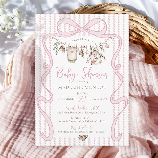 Invitation Fête de bébé fille au linge à linge rose aquarelle (Modern pink bow frame cute baby girl watercolor floral clothesline stripes shower invitation)