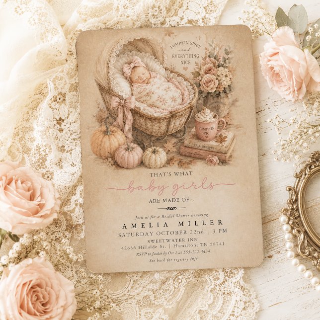 Invitation Fête de Bébé Fille au Parfum de Citrouille et à la (Pumpkin Spice and Everything Nice Girl Baby Shower Invitation)