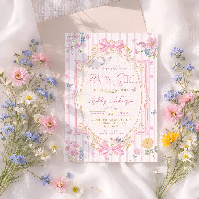 Invitation Fête de Bébé Fille au Ruban Floral Coquette (Créateur téléchargé)