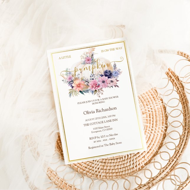 Invitation Fête de bébé fille au thème de citrouille florale  (Créateur téléchargé)