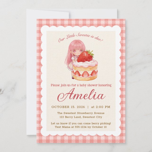 Invitation Fête de Bébé Fille au thème de Fraise Douce Aquare (Devant)