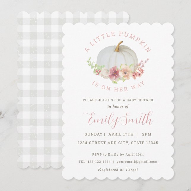 Invitation Fête de bébé fille automnale petite citrouille flo (Devant / Derrière)