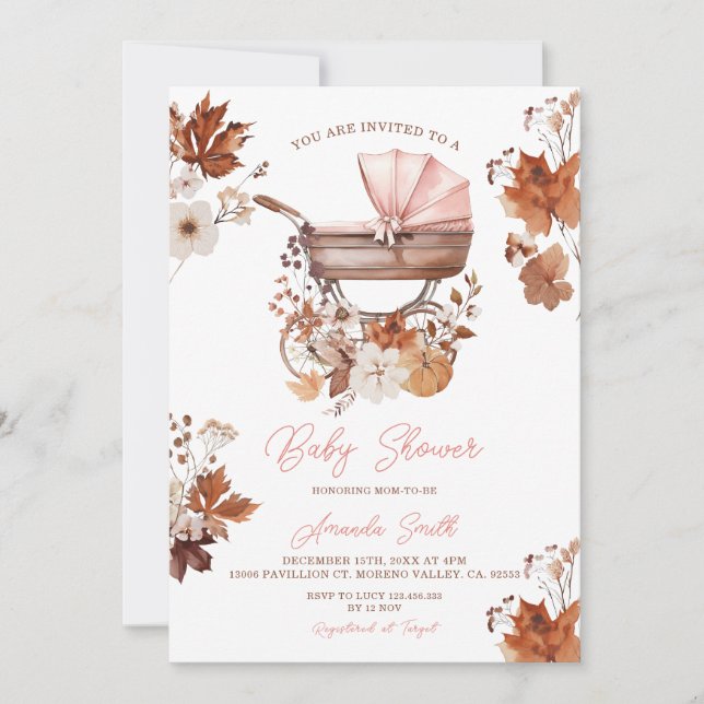 Invitation Fête de bébé fille automne rétro poussette citroui (Devant)