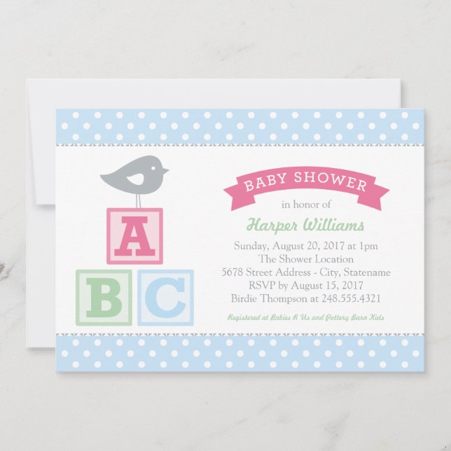 Invitation Fête de bébé fille aux blocs ABC rose bleu (Devant)