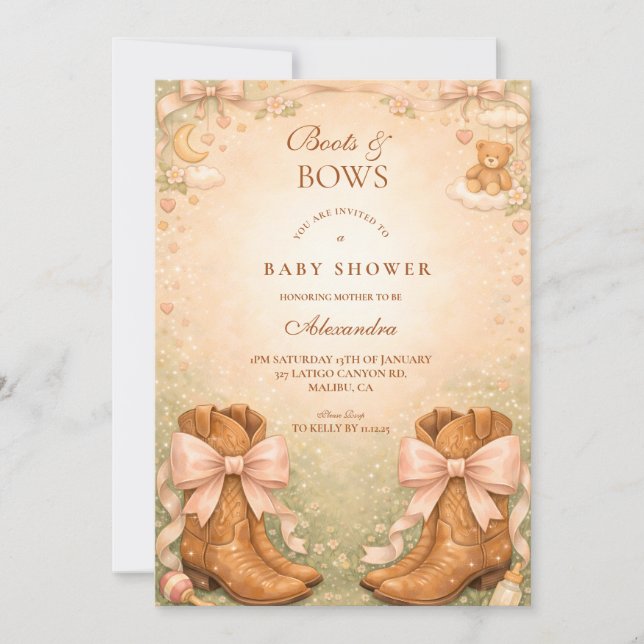 Invitation Fête de Bébé Fille aux Bottes Roses et Rubans (Devant)