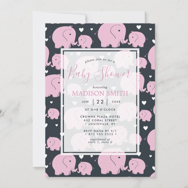 Invitation Fête de Bébé Fille aux Éléphants Roses Mignons (Devant)